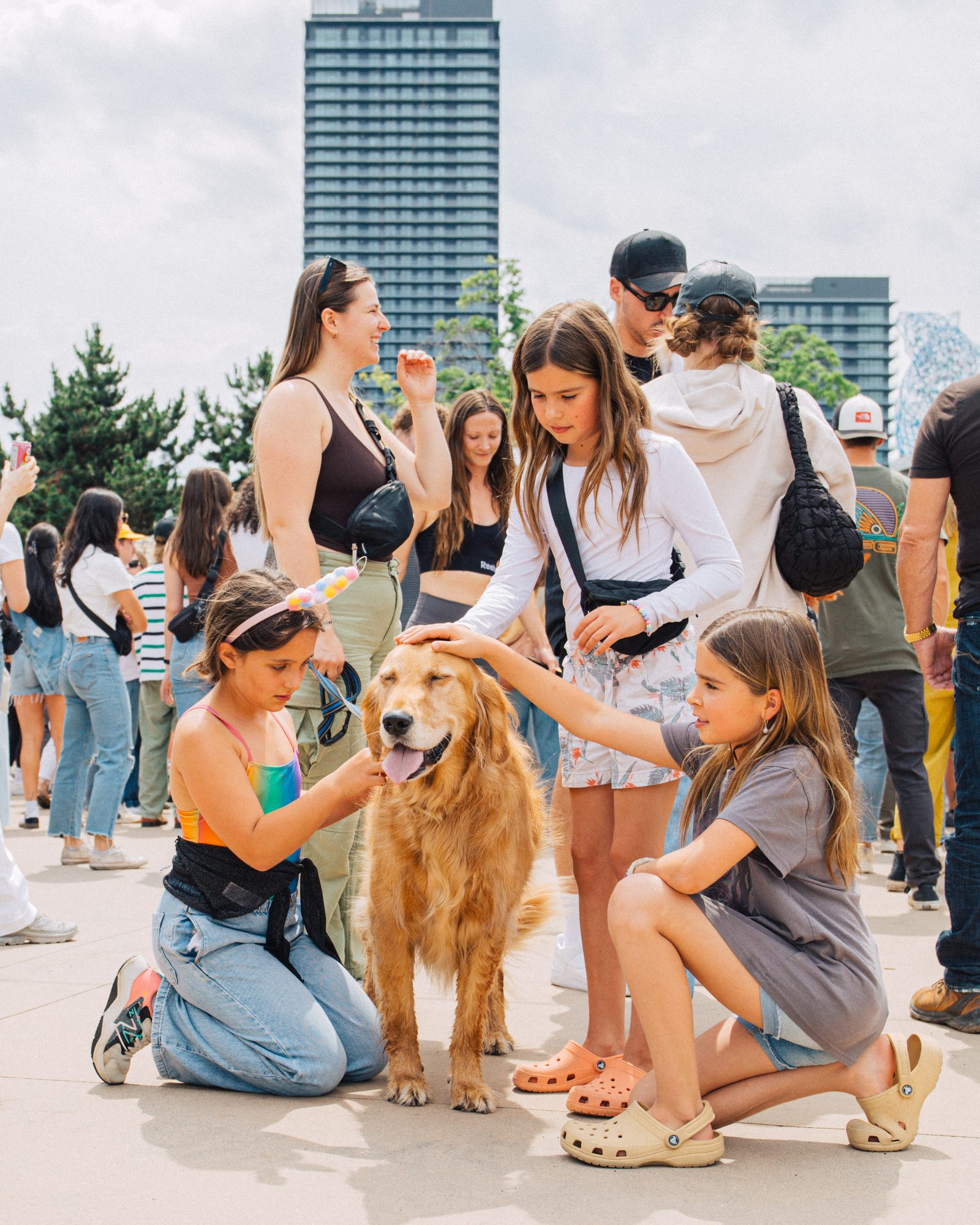 Friends and a child petting a golden retriever at the party